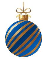 Festive blue and gold striped Christmas ornament with a gold ribbon and hanger on a white background. New Year Christmas tree toy. vector