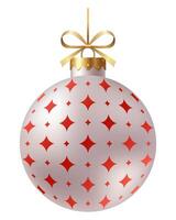 Festive white striped Christmas ornament with a gold ribbon and hanger with star on a white background. New Year Christmas tree toy. vector
