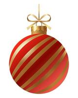 Festive red and gold striped Christmas ornament with a gold ribbon and hanger on a white background. New Year Christmas tree toy. vector