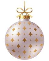 Festive white striped Christmas ornament with a gold ribbon and hanger with star on a white background. New Year Christmas tree toy. vector
