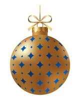 Festive white striped Christmas ornament with a gold ribbon and hanger with star on a white background. New Year Christmas tree toy. vector