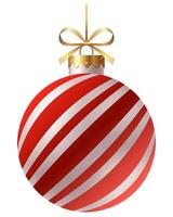 Festive red and white striped Christmas ornament with a gold ribbon and hanger on a white background. New Year Christmas tree toy. vector