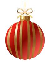 Festive red and gold striped Christmas ornament with a gold ribbon and hanger on a white background. New Year Christmas tree toy. vector