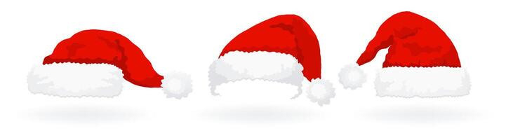 Set Red Santa Claus hat with fluffy white trim and pom pom on a white background. New Year Christmas vector