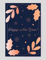 Elegant New Year greeting card with a dark blue background, soft peach gradient foliage, holly leaves, and delicate snowflakes. Features a refined Happy New Year message vector