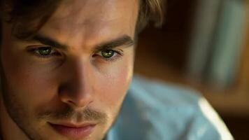 Reflective young man in gentle light with intense focus and thoughtful expression video