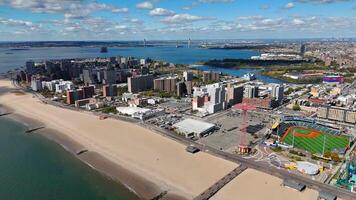 Coney Island Aerial View with Beach and Attractions, Aerial view of Coney Island, Brooklyn, showing its sandy beach video