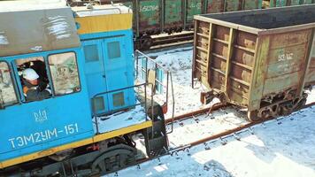 Cargo train platform with container. Scenic aerial view of mixed freight train at platform video