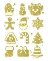 A set of Christmas themed gingerbread cookies in different shapes including mitt, snowman, reindeer, Santa, snowflake, tree, bell, Christmas tree, candy, New Year gift vector
