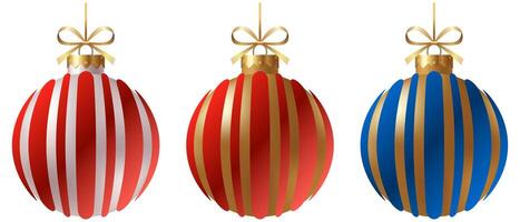 Festive set striped Christmas ornament with a gold ribbon and hanger with star on a white background. New Year Christmas tree toy. vector