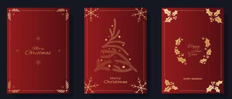 Christmas and New Year greeting card set. Red backgrounds with gold accents, including snowflakes, pine branches forming a tree, holly leaves, and berries. Features Merry Christmas, Happy New Year vector