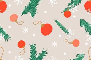 Seamless Christmas pattern with red and pink ornaments, green pine branches, white snowflakes, and scattered snow dots on a beige background. Festive wrapping paper, textiles, or holiday decor vector