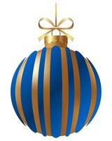 Festive blue and gold striped Christmas ornament with a gold ribbon and hanger on a white background. New Year Christmas tree toy. vector