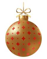 Festive white striped Christmas ornament with a gold ribbon and hanger with star on a white background. New Year Christmas tree toy. vector