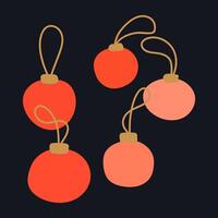 Minimalistic illustration of Christmas ornaments in red and pink tones with gold loops on a dark background. A stylish and modern design ideal for festive decor or holiday-themed projects vector