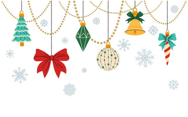 Christmas background. Garland of Christmas tree ornaments and snowflakes. Set of holiday glass balls for Christmas tree. Flat illustration on white background.