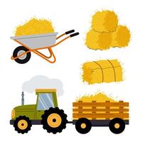 Tractor, wheelbarrow and haystack set. Straw, haystack and rural hayloft. Harvesting, agriculture, farm. Hand draw illustration isolated on the white background. vector