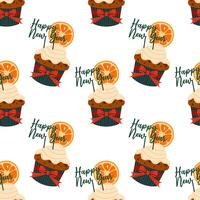 Christmas cupcake with cream and dried orange. New Year lettering. Festive Christmas seamless pattern. For textile, wrapping paper, background. vector