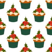 Christmas muffin with ilex berries . Festive Christmas or New Year seamless pattern. For textile, wrapping paper, background. vector