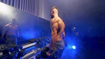 Handsome man doing exercise. Muscular man working out in gym doing exercises with dumbbells video