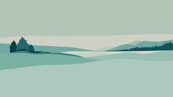 Minimalist winter landscape with hills and trees on soft background. vector