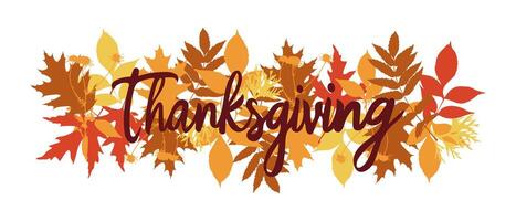 Thanksgiving text with autumn leaves in shades of orange, yellow, and brown on white background. vector