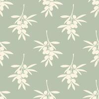 Olive branches beige stamp pattern on pastel soft background. vector