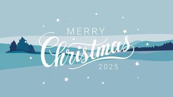 Merry Christmas 2025 text on horizontal winter landscape with hills and trees on soft background. vector