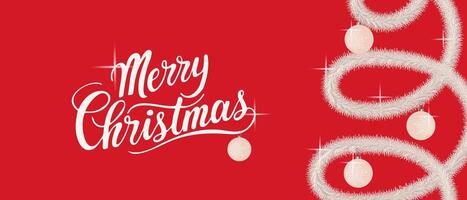 Merry Christmas card on bright red background with sparkling tinsel and New Year tree decorations. Festive horizontal greeting. vector