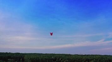 Paper lanterns floating in sky. Aerial view of single floating lantern against forest video