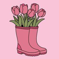 Pink Boots with Tulip Flowers Illustration vector