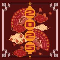 Elegant 2025 New Year template with Chinese lantern, floral decor, fans, clouds, and gold red outline style vector
