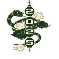 Chinese New Year 2025 banner featuring a snake around a lantern, clouds, and lunar theme vector