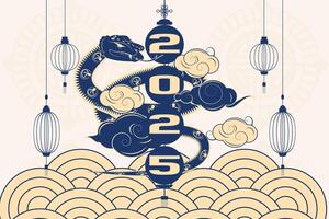 Chinese New Year 2025 banner featuring snake, lanterns, clouds, waves, and Chinese symbols in elegant colors vector