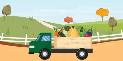 Loaded green truck with vegetables driving by, fence and lush field with trees and a pathway behind vector