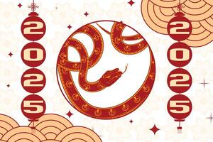 Elegant 2025 New Year banner featuring two snakes, text in Chinese and English, gradient with Chinese motifs vector