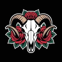 Ram Skull with Roses Retro Illustration vector
