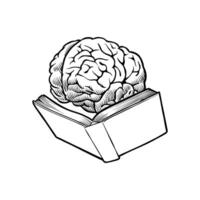 black and white illustration of a brain reading a book vector