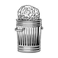 black and white illustration of a brain in a trash can vector