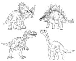 Graphics black and white dinosaur. Black line illustration with tyrannosaurus, stegosaurus, diplodocus, triceratops in the ink style. vector
