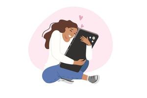 Teenage girl is experiencing addiction from social networks and using smartphone, sitting on floor vector