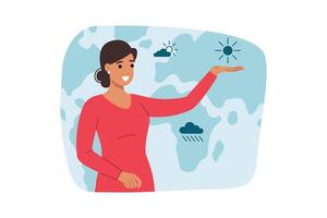 Woman presenting weather forecast points with hand at map with symbols of climate vector