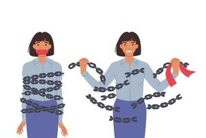 Emancipation woman breaking chains to free herself from oppression and discriminatory attitudes vector