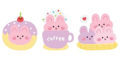 Set of cute rabbit in various menu bakery.Pastel.Face bunny.Donut cherry,coffee,cookies.Rodent animal character cartoon design.Kawaii.Illustration vector