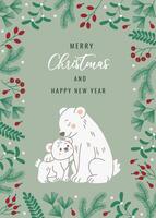 Flat style Christmas card featuring a mother polar bear and her cub surrounded by festive greenery and berries, with Merry Christmas and Happy New Year text in elegant typography. vector