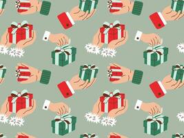 Seamless pattern of hands with Christmas gift boxes in flat style. Features festive hands holding and presenting colorful presents. Ideal for holiday wrapping paper, cards, and winter decorations. vector