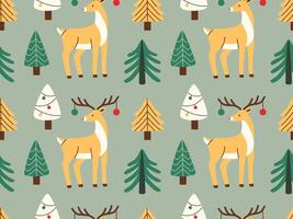 Seamless Christmas pattern featuring reindeer, festive trees, and ornaments in flat style. Perfect for holiday wrapping paper, backgrounds, and seasonal decor. vector