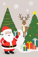 New Year's card with Santa Claus and a reindeer on the background of a christmas tree and snowflakes vector