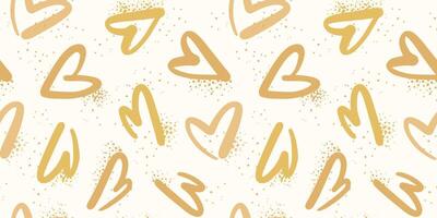 Golden hearts seamless pattern in a rough brush strokes style with splayed paint texture. vector