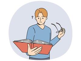 Man with book takes off glasses, getting upset because of deterioration of vision vector